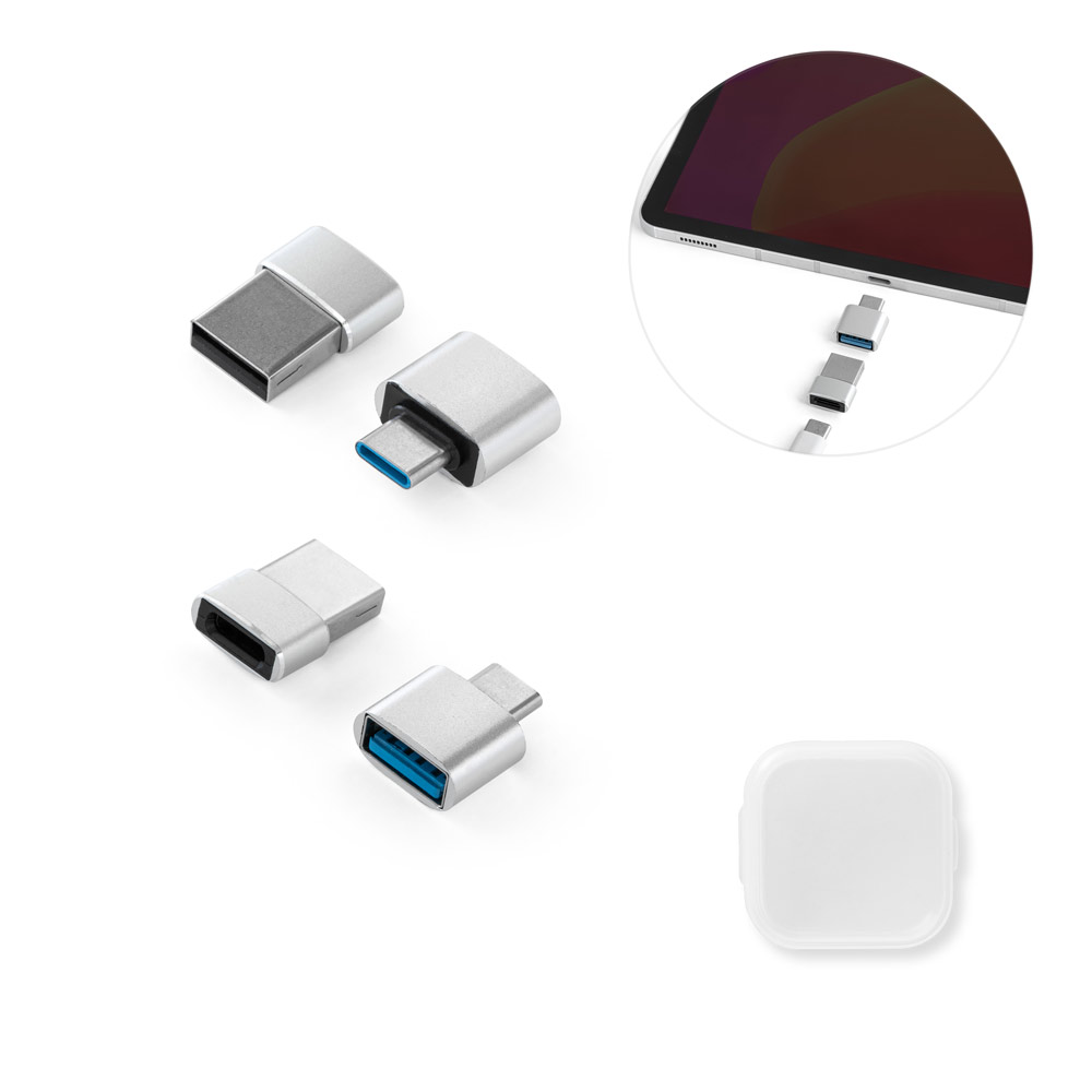 adaptadores plateados de USB-C a USB-A junto a un smartphone mostrando su conexión